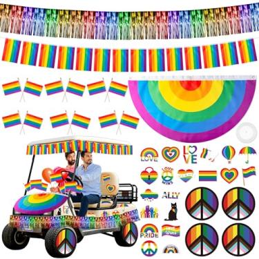 Imagem de R HORSE Kit de decoração de carrinho de golfe LGBT - 40 peças de decoração de carrinho de golfe com bandeira de leque plissada, borla, faixa, bandeiras e adesivos para eventos LGBT do mês do orgulho