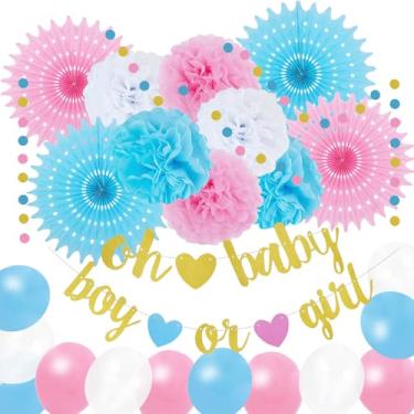 Imagem de ELOPELY Decorações Para Chá De Bebê Rosa E Azul, Balão Papel Com Faixa Oh Boy Or Girl, Leque Papel, Pompom Tecido, Decoração Festa Revelação Gênero Neutro (Rosa, Azul)