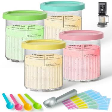 Imagem de Pacote com 4 frascos e tampas de creami deluxe para Ninja, 680 g, compatível com as máquinas de sorvete NC500 NC501 Series, com 5 colheres e 64 etiquetas graváveis, livre de BPA e pode ser lavado na