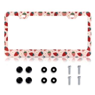 Imagem de Moldura de placa de licença de morango - capas de suporte de placa de licença de metal de alumínio fruta, à prova de ferrugem, à prova de ferrugem, molduras decorativas de carro para padrão dos EUA 30