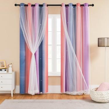 Imagem de XiDi Conjunto de 2 painéis de cortinas para quarto de meninas, 2 painéis, cortinas blackout arco-íris para decoração de quarto de crianças, decalques de parede de unicórnio para quarto de bebê de