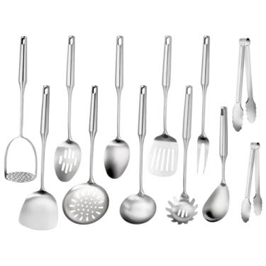Imagem de Conjunto de utensílios de cozinha de aço inoxidável 304, conjunto de utensílios de cozinha longos de aço inoxidável, 12 peças, conjunto de utensílios de cozinha de metal com espremedor de batatas
