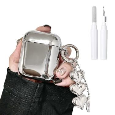 Imagem de inewateri Capa compatível com AirPods 3 TPU macio com kit de limpeza fofa prata fivela pingente estética design à prova de choque para meninas mulheres para Airpods 3-Prata