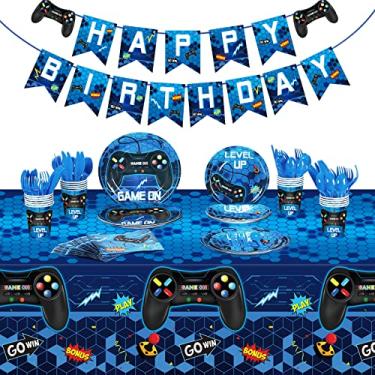 Imagem de Tiamon Conjunto De Decoração De Festa De Videogame Com 172 Peças, Banner De Feliz Aniversário, Suprimentos Para Festa De Jogador, Toalha De Mesa De Plástico, Pratos De Papel, Talheres Para Meninos E M