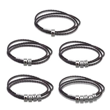 Imagem de PETEANEY Pulseira masculina personalizada de couro trançado, pulseira personalizada com nome de família com miçangas, pulseira gravada para homens, pai, namorado, Couro, Sem pedras preciosas