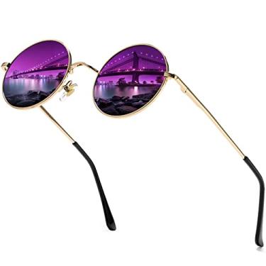 Imagem de AIEYEZO Óculos de sol redondos retrô para homens e mulheres óculos de sol polarizados modernos vintage pequenos óculos de sol redondos, Espelhado dourado/roxo, MM