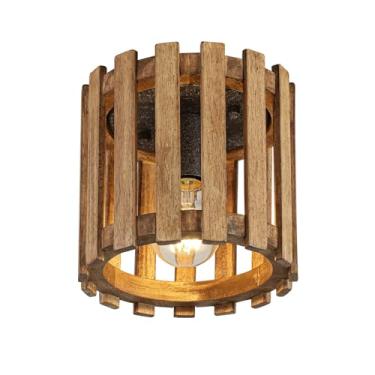 Imagem de Luminária de teto rústica para casa de fazenda, mini luminária embutida de gaiola de madeira, luminárias de corredor para entrada para cozinha, sala de jantar, marrom