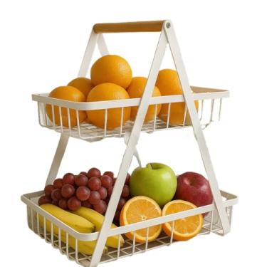 Imagem de Fruteira de Mesa ou Cesto Multiuso Cesta de metal portátil Organizador para Casa Cozinha Escritório(DOIS ANDARES BRANCA)