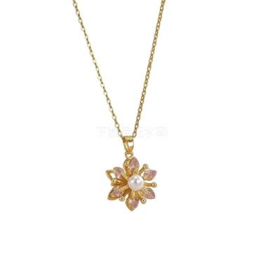 Imagem de Colares femininos elegantes com pérolas CZ banhado a ouro delicado zircônia cúbica cristal floral giratório pingente giratório ansiedade corrente ajustável colar gargantilha joias modernas, Small