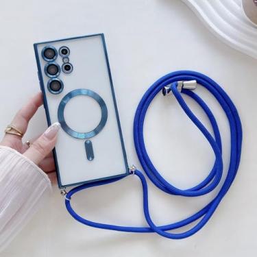 Imagem de Capa transparente com cordão para Samsung S24 S23 S22 S21 Ultra Plus, capa magnética com cordão para carregamento sem fio, azul escuro, para S23ULTRA