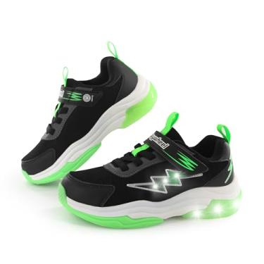 Imagem de SKYWHEEL Tênis infantil para meninos que acendem com interruptor tênis de corrida tênis infantil tamanho 10 a crianças grandes tamanho 5, Tênis infantil preto/verde Ligth Up, 17