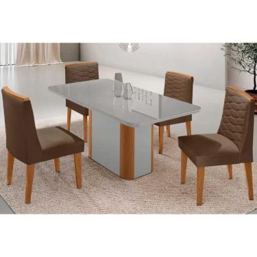 Imagem de Conjunto Sala de Jantar Pietá c/ Tampo Madeirado c/ Vidro Canto Curvo 120x80cm e 4 Cadeiras Maldivas Madeira Maciça Naturale/Off White - Capuccino/Sue