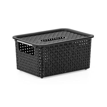 Imagem de CESTO ORGANIZADOR, QUE IMITA RATTAN, COR: PRETA C/TAMPA, MEDIDAS: 22,5X16,5X11cm