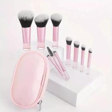 Imagem de Kit 10 Mini Pincéis De Maquiagem Com Estojo Para Viagem – Cerdas Macias, Travel Size, Necessaire inclusa, Pincéis Para Base, Blush, Pó, Sombras e Corretivo, Portátil e Multifuncional- Rosa