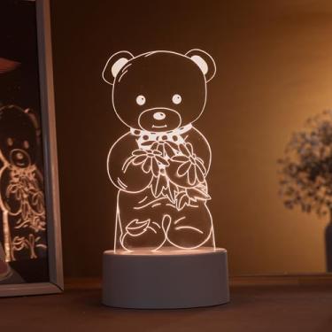 Imagem de Luminária led 3d, abajur de mesa, ursinho com flores