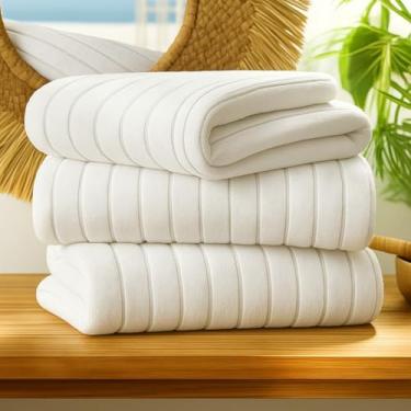 Imagem de Kit 3 Toalhas de Praia e Piscina Gigantes Altenburg Luxo 160x80 cm – Alta Gramatura Branca com Listras Finas Coloridas (BRANCO)