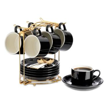 Imagem de YOLIFE Conjunto de 6 xícaras de café expresso com colheres douradas e suporte dobrável, conjunto de xícara de café e pires pretos de 118 ml para cappuccino, latte, americano, chá, bebidas quentes