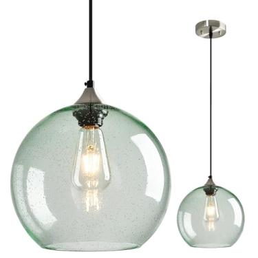 Imagem de LBSQJ Luzes pendentes de vidro verde claro para cozinha ilha globo luminária pendente moderna para quarto sala de jantar luminária (25 cm, 1 pacote)