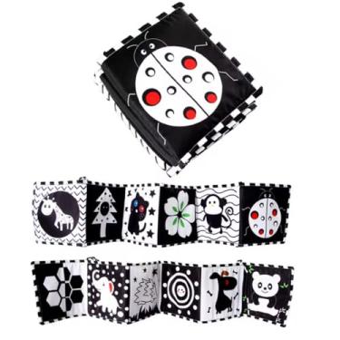 Imagem de Livro de bebê de lado duplo, livro de bebê em preto e branco, livros de bebê enrugado com alto contraste visual, brinquedos educativos precoces para bebês recém-nascidos