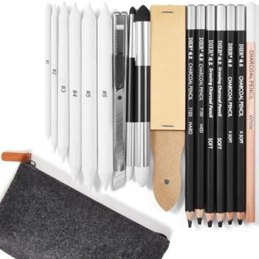 Imagem de Kosiz Conjunto de desenho de carvão com 18 peças, lápis pretos de carvão, branco, caneta esponja de mistura de cabeça dupla, bloco de lixa, estojo de lápis, lápis de artista para iniciantes e artistas
