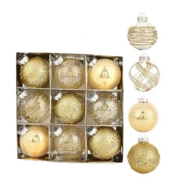 Imagem de Bolas de Natal, 9 peças, 8 cm, bolas de Natal, champanhe, pingente de decoração de árvore de presente para decoração de guirlanda de Natal (dourado)