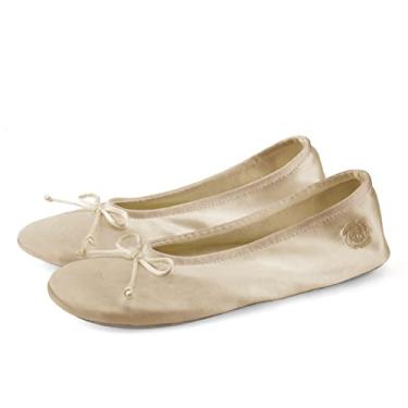 Imagem de BCTEX COLL Chinelos femininos de casa bailarina com laço, chinelo feminino de cetim para quarto com solado de camurça interno, Champanhe dourado, 8-9