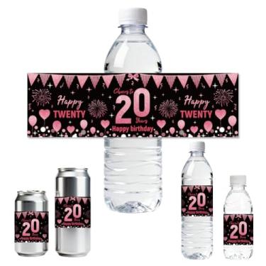 Imagem de ANATTASOUL 30 etiquetas de garrafa de água 20º aniversário com balões adesivos à prova d'água, 21,6 cm x 6,4 cm adesivo retangular para garrafa de água para casamento, aniversário, festa, evento