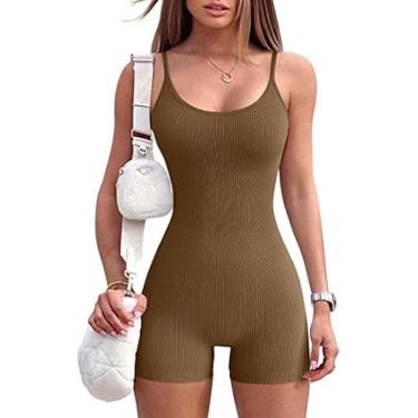 Imagem de Treino Feminino Sem Costura Ioga Macacão Com Nervuras Bodycon One Piece Spaghetti Strap Shorts, brown, S