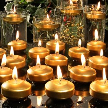 Imagem de Velas flutuantes douradas de 5 cm, pacote com 60 velas flutuantes sem cheiro para centros de mesa, vela ativada por água de 5 a 6 horas para vasos cilíndricos, piscina de casamento