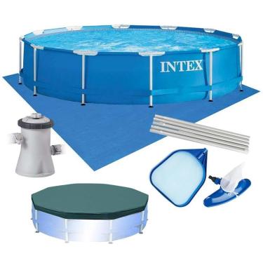Imagem de Piscina Estrutural Armação 4.485 Litros Azul Capa Bomba Filtrante 220v Forro Kit Limpeza Intex