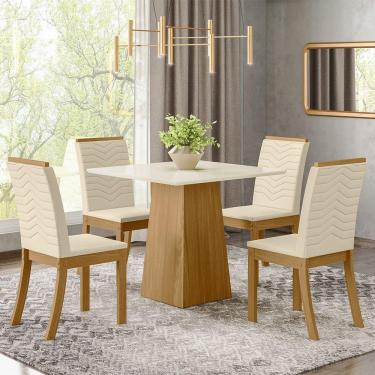 Imagem de Conjunto Sala De Jantar Tampo Mdf Canto Reto 90 Cm 04 Cadeiras Naiane Henn Nature Off White Linho