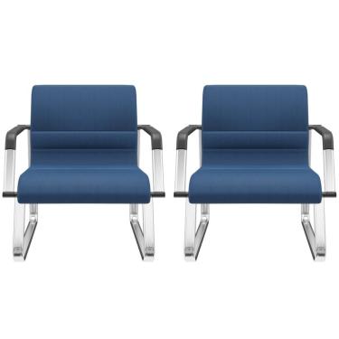 Imagem de Kit 02 Cadeiras De Escritório Recepção Fixa Pés Cromado Lev P03 Crepe Azul - Lyam Decor