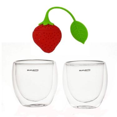 Imagem de Jogo Chá 2 Copos Parede Dupla 250ml E Infusor Ervas Morango