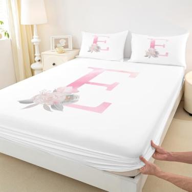 Imagem de Jogo de lençol casal com alfabeto artístico, letra E, aquarela, flor, planta, para meninos e meninas, decoração de quarto romântico e sonhador, rosa e branco, 2 fronhas (não planas)