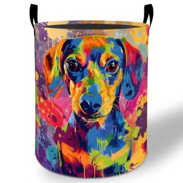 Imagem de Cesto de lavanderia Dachshund 50 x 40 cm, colorido para cães, dobrável, impermeável, balde de armazenamento de roupas Oxford, para quarto, banheiro, quarto, berçário, organizador de brinquedos