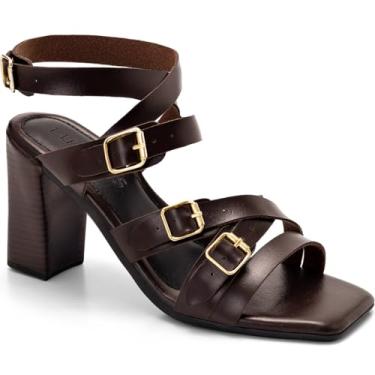 Imagem de Sandália Feminina Lumiss Salto Alto Bloco Bico Quadrado Fivelas Douradas marrom37