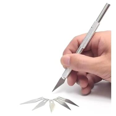 Imagem de Estilete de Precisão Bisturi Profissional com 6 Lâminas de Reposição - Cabo de Alumínio Antiderrapante Ergonômico Afiado e Durável Ideal Artesanato Tipo Scrapbook Papel Couro EVA Modelismo Corte Fino