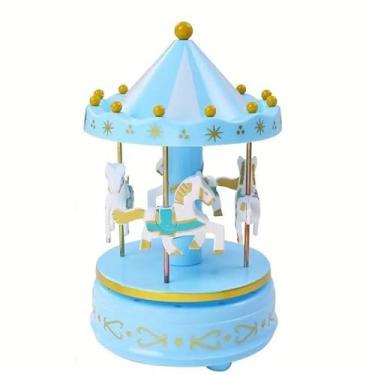 Imagem de 1 caixa de música carrossel sonhador com topo pontiagudo estilo europeu, carrossel mecânico de corda para decoração de casa (azul)