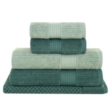 Imagem de Jogo 5 peças de Toalhas Buddemeyer Canelado 100% Algodão Fio Penteado Alta Absorção Extremamente Macia e Leve (2 Banho 140x70cm, 2 Rosto 48x85cm, 1 Tapete 48x80cm) (3265 Verde/3074 Verde Folha)