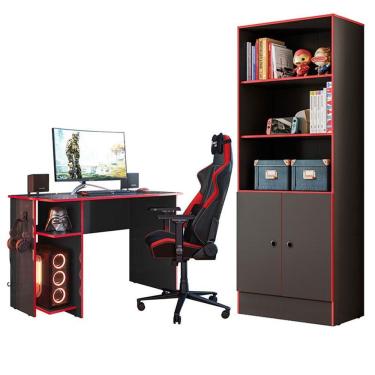 Imagem de Mesa Para Computador 3875 E Armário Gamer 4095 Preto Fosco Vermelho - Qmovi
