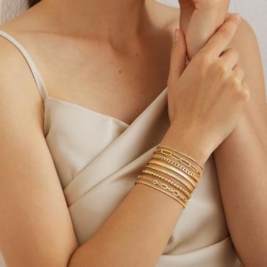 Imagem de 8 pulseiras femininas douradas e prateadas com clipe de papel cubano, espinha de peixe, corrente de contas, conjunto de pulseiras de elos e berloques para mulheres, One Size, Cobre, Sem Pedra Preciosa