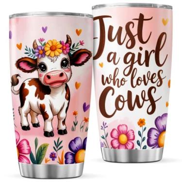 Imagem de Just A Girl Who Loves Cows Cute Cow And Flowers Design Copo de aço inoxidável 590 ml para mulheres meninas Country Farm Animal Lover Gift Coffee Hot Drink Outdoor Isolado