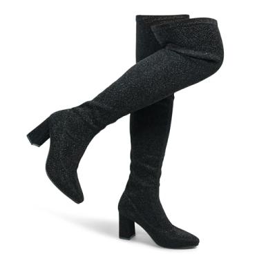 Imagem de Hawkwell Botas femininas confortáveis de cano alto com bico fino e salto alto para festas de casamento brilhantes acima do joelho, Preto, 36