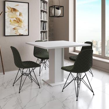 Imagem de Mesa Jantar Londres Quadrada Branca 90Cm 4 Cadeiras Estofadas Verde Eames Ferro Preto
