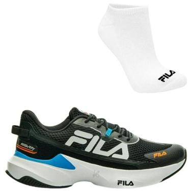 Imagem de Kit Tênis Fila Recovery Masculino e Meia, 43, Preto, Azul, Masculino