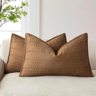 Imagem de Foindtower Conjunto de 2 fronhas decorativas de algodão Waffle Weave lombar capas de almofada europeias para cama sofá quarto sala de estar decoração de casa 30 × 50 cm laranja marrom
