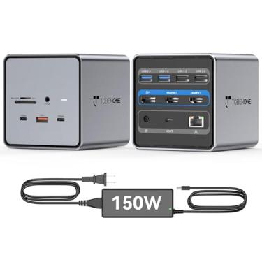 Imagem de Tobenone Estação de ancoragem USB C, base USB C 15 em 1 com fonte de alimentação de 150 W, estação de ancoragem com 2 portas HDMI e portas de exibição, USB 3.1 de 10 Gbps, 7 portas USB, SD/TF para