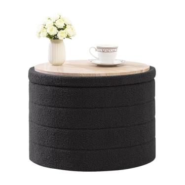 Imagem de CAIPINFUL Otomano redondo com armazenamento, mesa de centro boucle otomana, apoio para os pés para corredor, sala de estar, quarto, cinza escuro