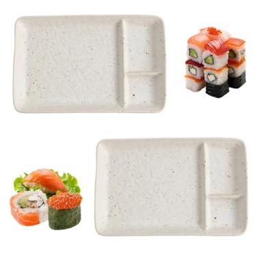 Imagem de Milnnie Pratos de sushi divididos de cerâmica criativa – Conjunto de 20 cm para lanche e molho de 2, bandeja de bolinho de 3 seções para sushi, sashimi, molho de churrasco, aperitivos, louça elegante