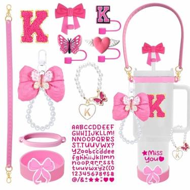 Imagem de Conjunto de 11 peças de acessórios para copo Stanley, incluindo alça de alça, bota de silicone, chaveiro, capas de palha, adesivos de letras para copo de 850 g 1,134 g, presente ideal (K, rosa)